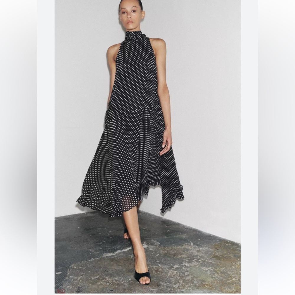 Zara Black Polka Dot Asymmetrical Halter Dress